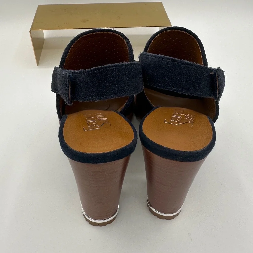 FRANCO SARTO Austin Navy Blue Suede Perforated Lug High Heel Slingback Sandals 7